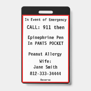 Medical Emergency Badge Tag Custom Information ID Badge