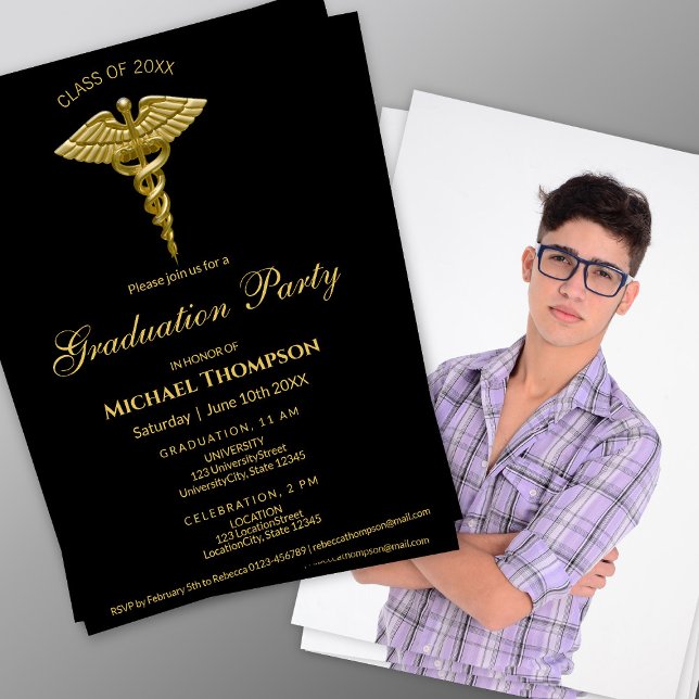 Medical Gold Caduceus Black Graduation | Photo Invitation (Creator Uploaded)