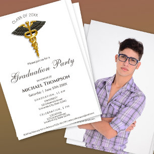 Medical Gold Caduceus Black Wings Graduation Photo Invitation