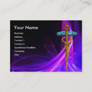 MEDICAL GOLD CADUCEUS,BLUE PINK PURPLE LIGHT WAVES BUSINESS CARD