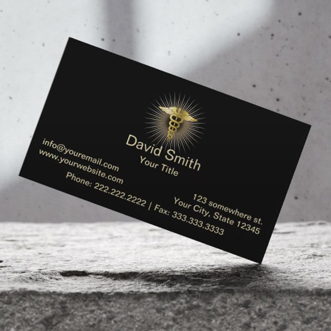 Medical Gold Caduceus Elegant Dark Business Card (Creator Uploaded)