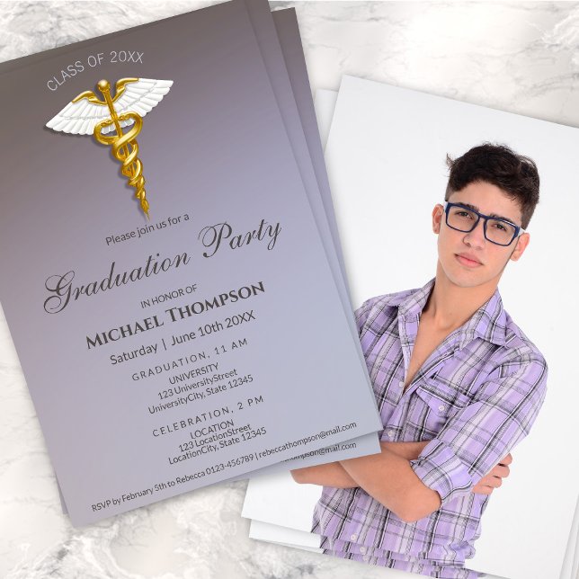 Medical Gold Caduceus Graduation Party | Photo Invitation (Creator Uploaded)