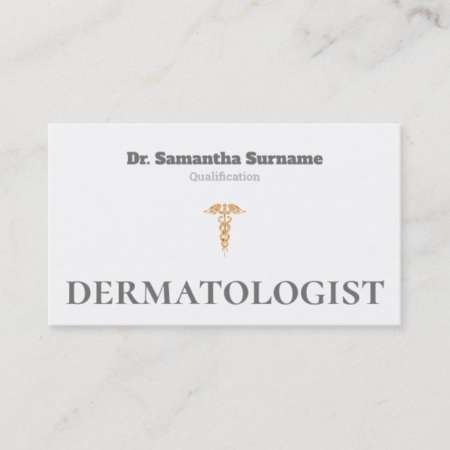 Medical gold caduceus gray white dermatologist business card (Front)