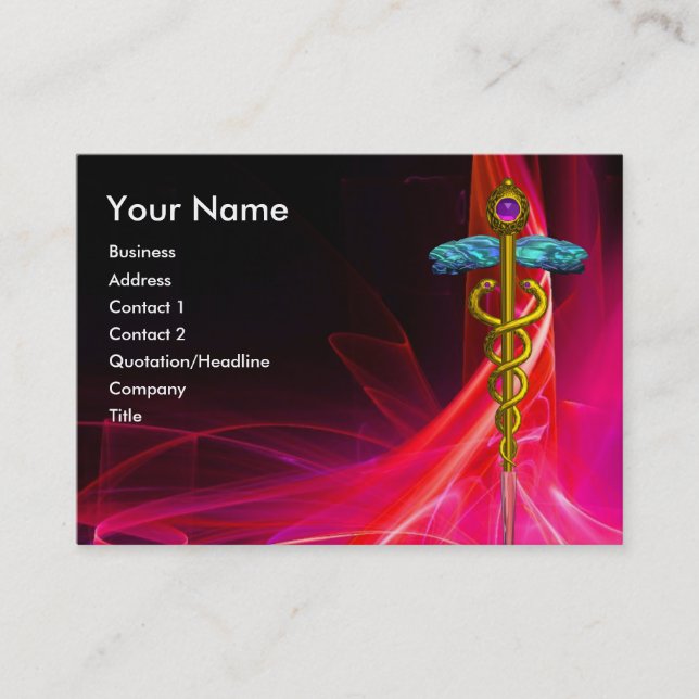 MEDICAL GOLD CADUCEUS,RED PINK PURPLE LIGHT WAVES BUSINESS CARD (Front)