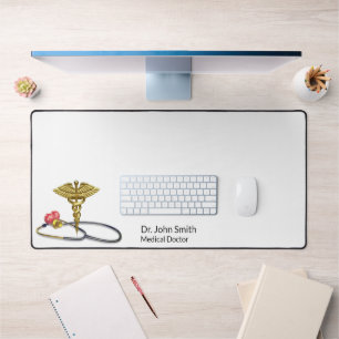 Medical Gold Caduceus & Stethoscope with Heart Desk Mat