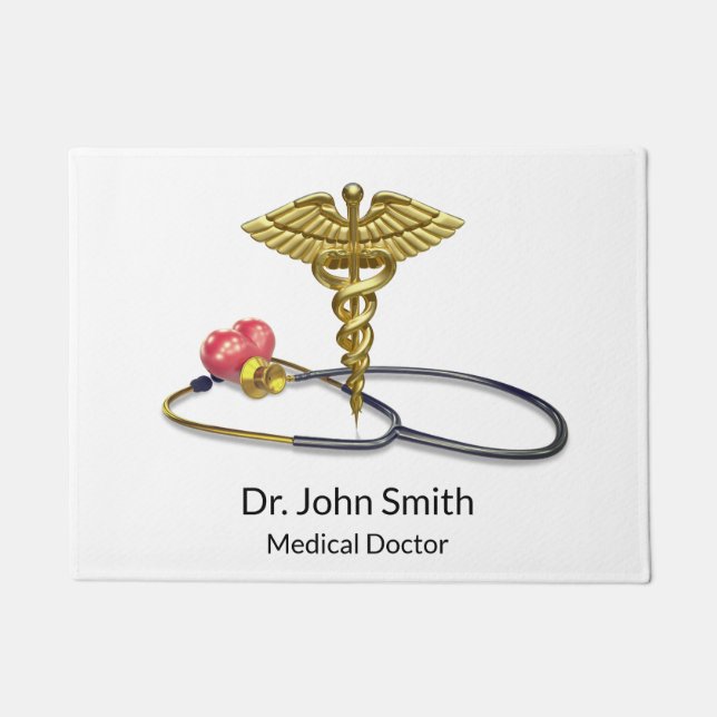 Medical Gold Caduceus & Stethoscope with Heart Doormat (Front)