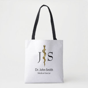 Medical Gold on White Classy Rod of Asclepius Tote Bag