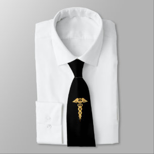 Medical Golden Caduceus on Black Neck Tie