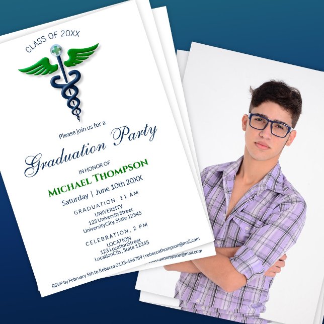 Medical Graduation Caduceus Blue Green | Photo Invitation (Creator Uploaded)