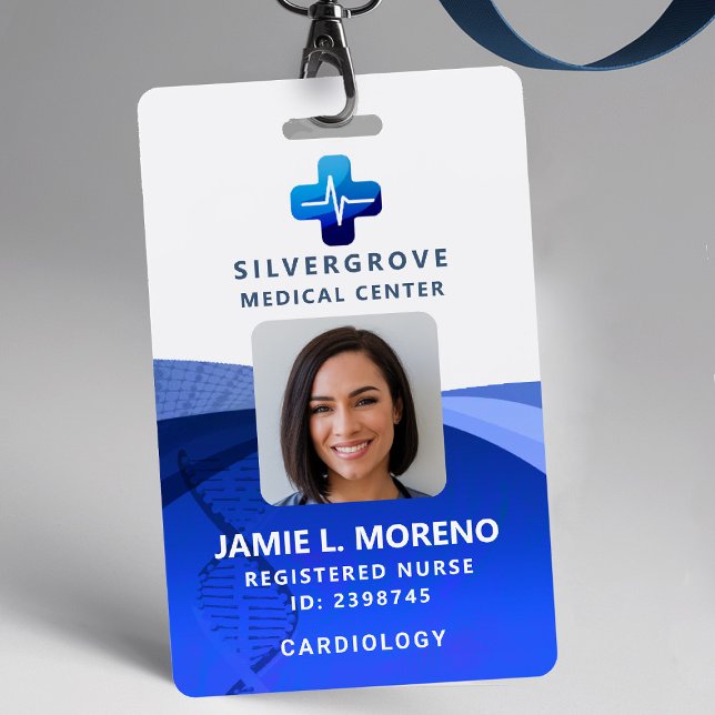 Medical Healthcare Logo DNA Blue Photo Nurse ID ID Badge (nurse id badge custom hospital clinic medical center office clinic cross blue logo dna photo qr code)