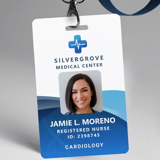 Medical Healthcare Logo Modern Blue Photo Nurse ID Badge (nurse id badge custom hospital clinic medical center office clinic cross blue logo photo qr code)