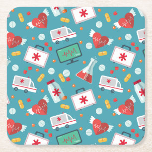 Medical Icon Pattern Square Paper Coaster