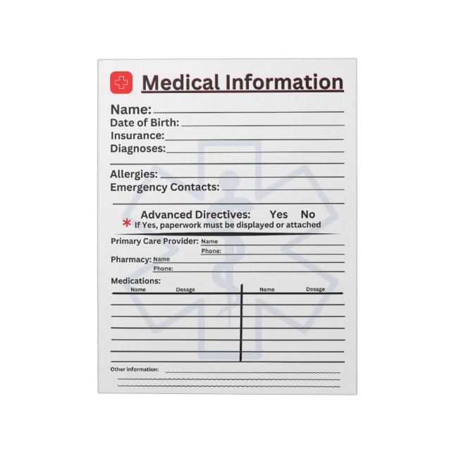 Medical Information Emergency Refrigerator Notepad (Rotated)