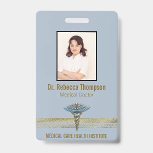 Medical Light Blue Caduceus Gold Foil Stripes ID Badge