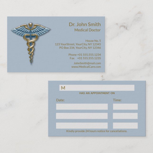Medical Light Blue Gold Caduceus Fine Professional Appointment Card (Front/Back)
