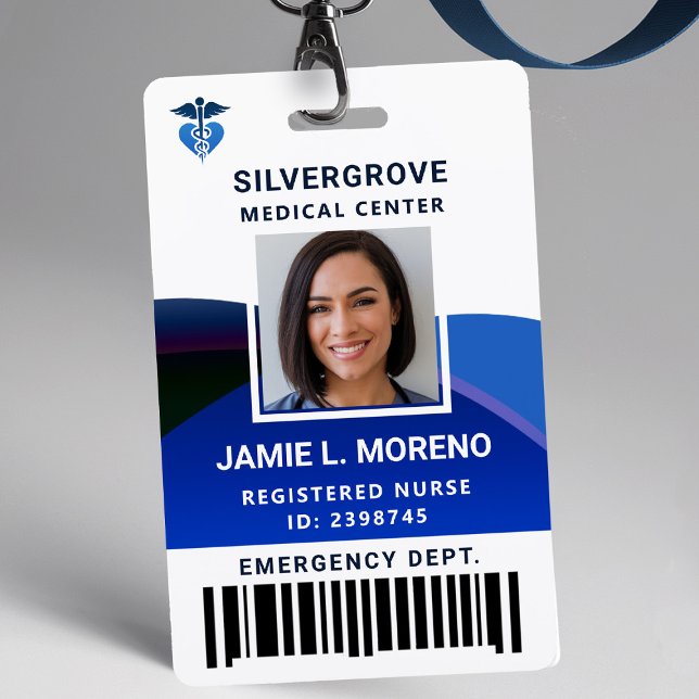 Medical Logo Clinic Hospital Blue Photo Nurse ID ID Badge (nurse id badge custom hospital clinic medical center office clinic blue logo photo bar code)
