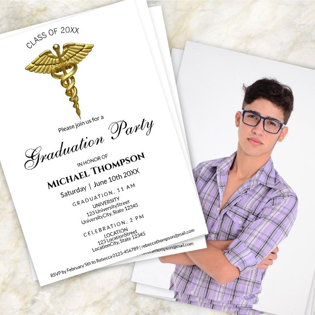 Medical Luxury Gold Caduceus Graduation | Photo Invitation (Creator Uploaded)