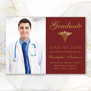 Medical Maroon Gold Cadaceus Photo Graduation Announcement