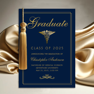 Medical Navy Blue Gold Caduceus College Graduation Announcement