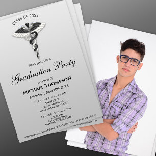 Medical Noble Black White Caduceus Graduate Photo Invitation