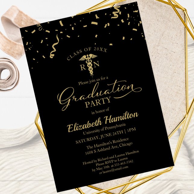 Medical Nursing School Grad Party Gold Confetti Invitation (Creator Uploaded)