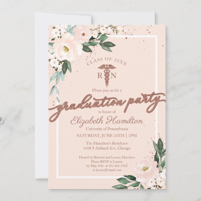 Medical Nursing School Grad Party Pink Floral Invitation (Front)