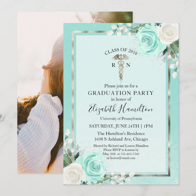 Medical Nursing School Graduation Party Photo Teal Invitation (Front/Back)