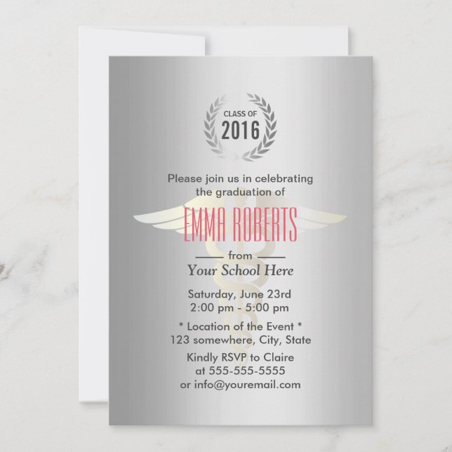 Medical & Nursing School Modern Silver Graduation Invitation (Front)