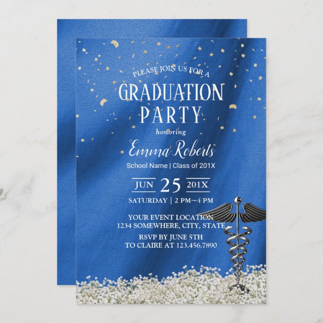 Medical Nursing School Navy Blue Graduation Invitation (Front/Back)