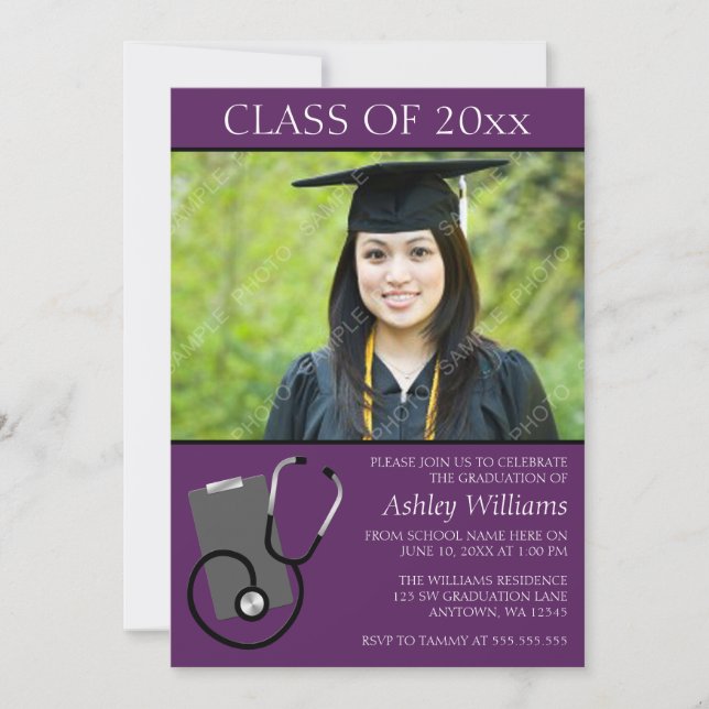Medical Nursing School Purple Photo Graduation Invitation (Front)