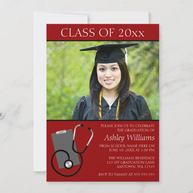 Medical Nursing School Red Photo Graduation Invitation (Front)