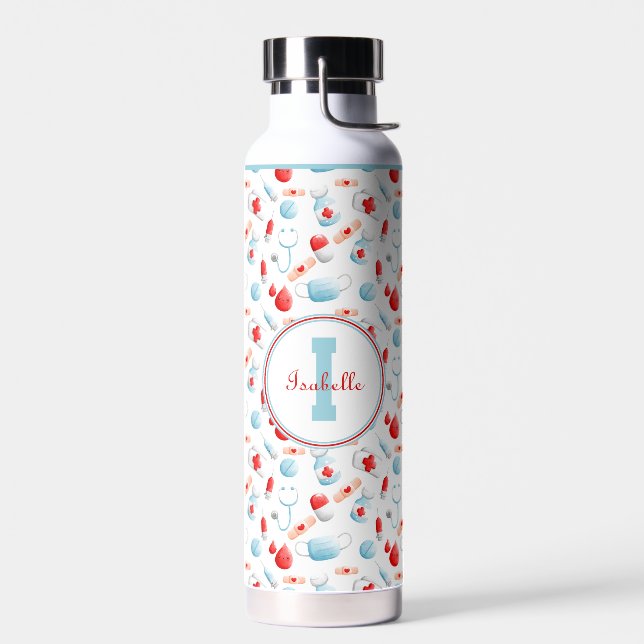 Medical Pattern Name Monogram Nurse  Water Bottle (Left)