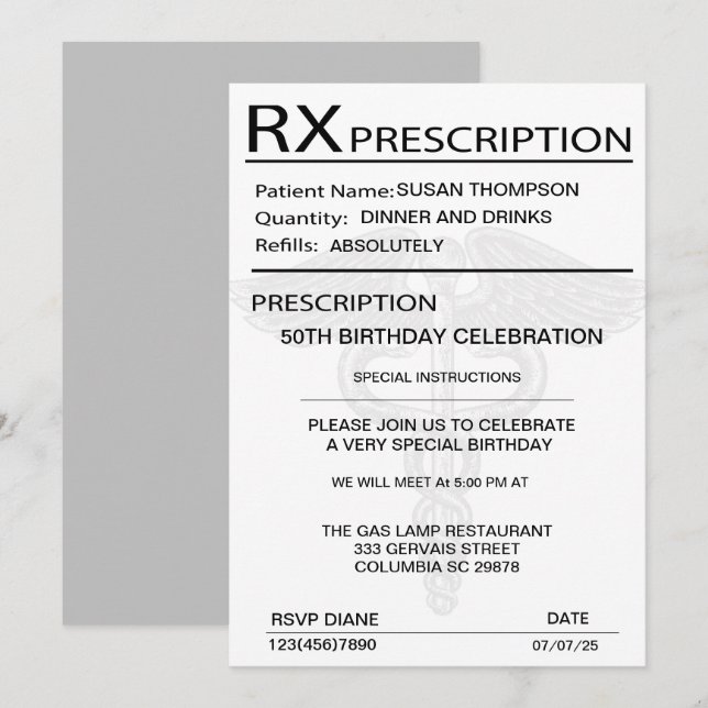 Medical Prescription Pad 50th Birthday Party  Invitation (Front/Back)