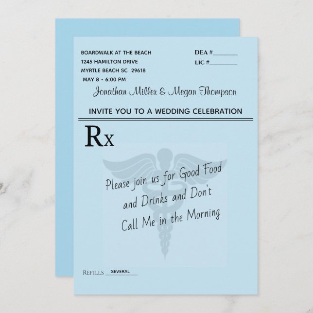 Medical Prescription Pad Blue Wedding Celebration Invitation (Front/Back)
