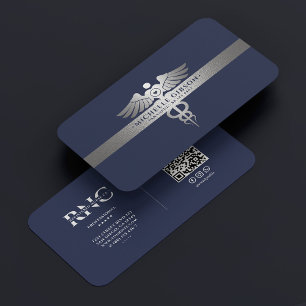 Medical Professional Caduceus Blue Silver Minimal Business Card