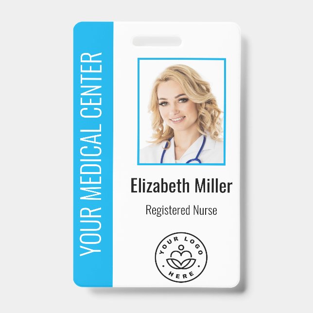 Medical Professional Custom Photo & Text Blue ID Badge (Front)