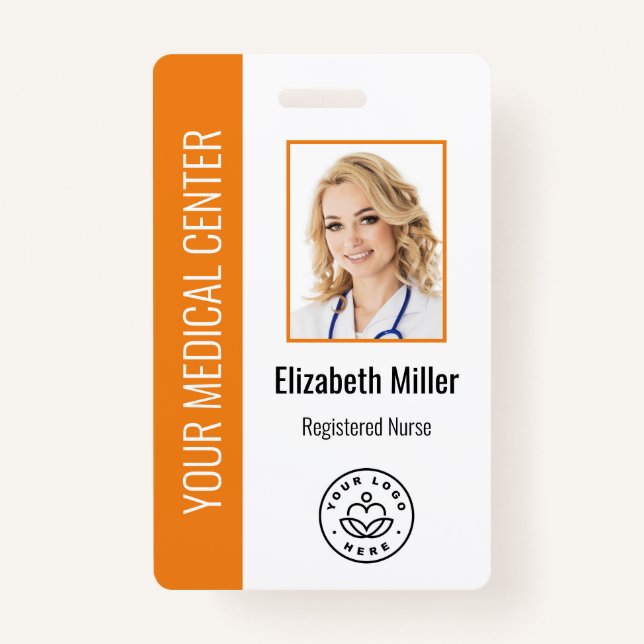 Medical Professional Custom Photo & Text Orange ID Badge (Front)