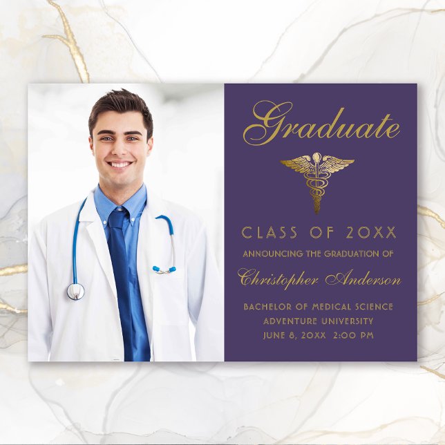 Medical Purple Gold Caduceus Photo Graduation Announcement (Medical Purple Gold Script Photo College Graduation Announcement)