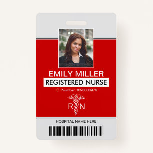 Medical RN employee caduceus red photo template ID Badge