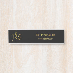 Medical Rod of Asclepius Gold on Black Classy Door Sign