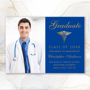Medical Royal Blue Gold Script Photo Graduation Announcement
