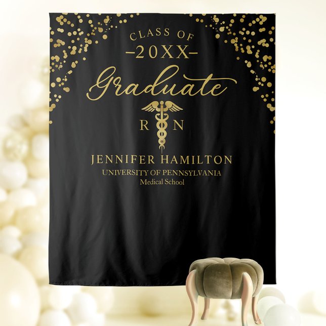 Medical School Black Gold Graduation Backdrop  Tapestry (Creator Uploaded)