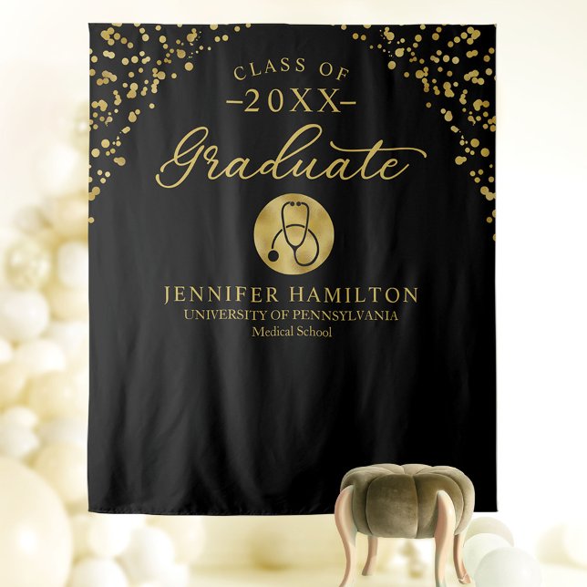 Medical School Black Gold Graduation Backdrop Tapestry (Creator Uploaded)
