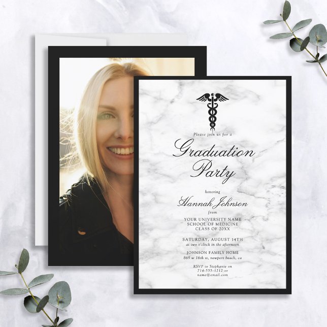 Medical School Black White Marble Photo Graduation Invitation (Creator Uploaded)