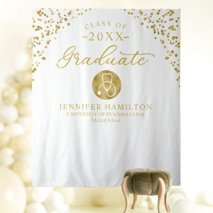 Medical School White Gold Graduation Backdrop Tapestry