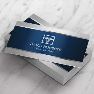 Medical Silver Border Elegant Navy Blue Metallic Business Card