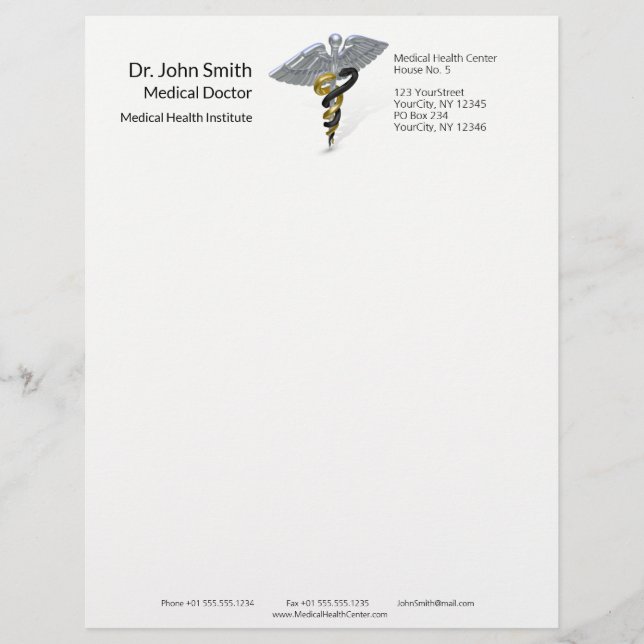 Medical Silver Caduceus Black Gold - Letterhead Template (Front)
