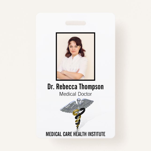 Medical Silver Caduceus Black Gold Photo ID ID Badge (Front)