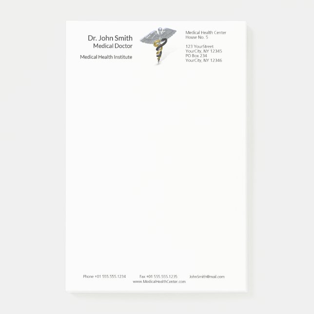 Medical Silver Caduceus Black Gold Post-it® Notes (Front)