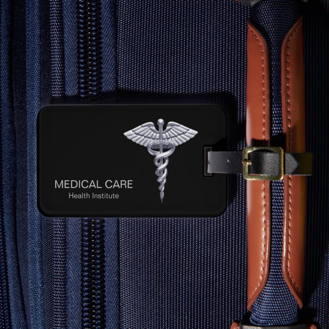 Medical Silver Caduceus Classy on Black Luggage Tag (Front Insitu 4)